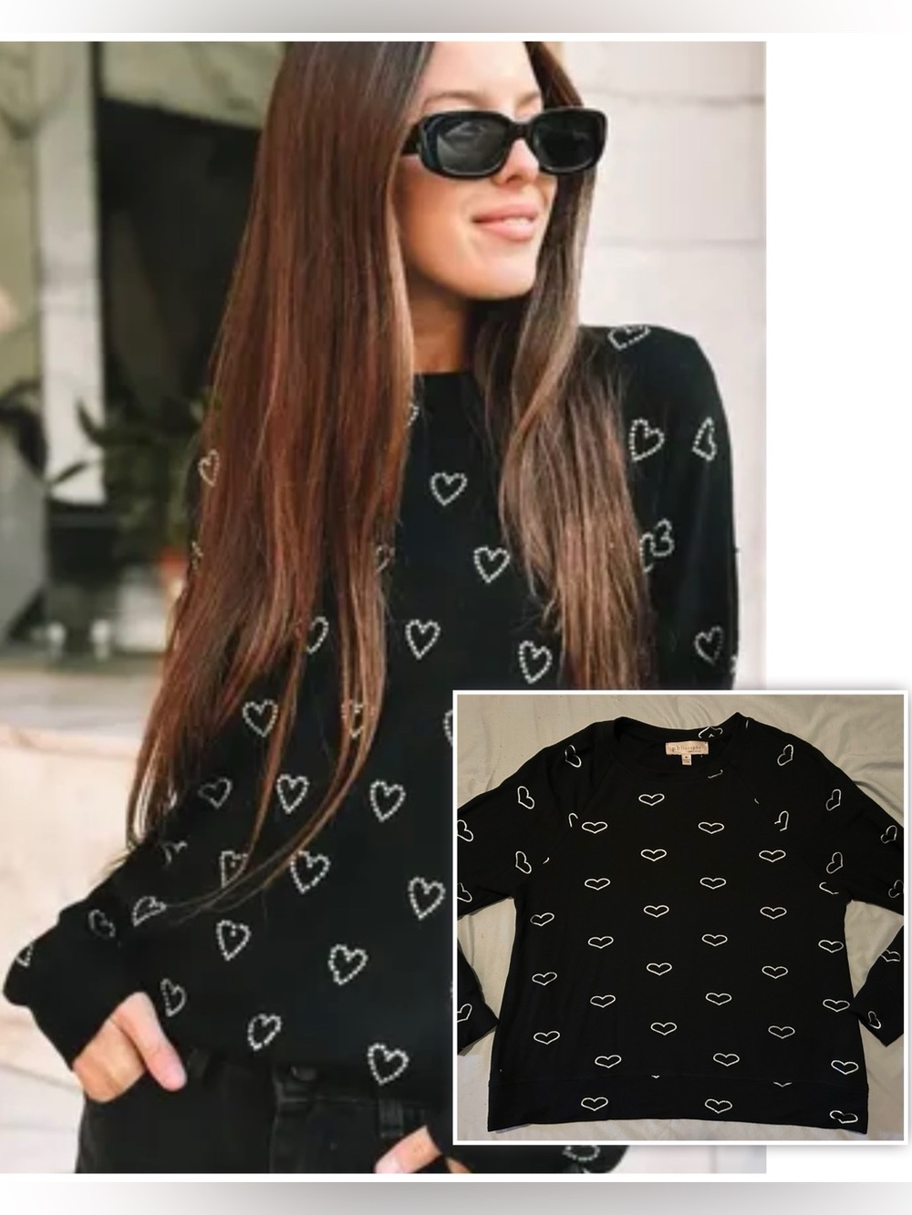 Philosophy Black Crewneck Long Sleeve Pullover Heart Print Women’s Medium
